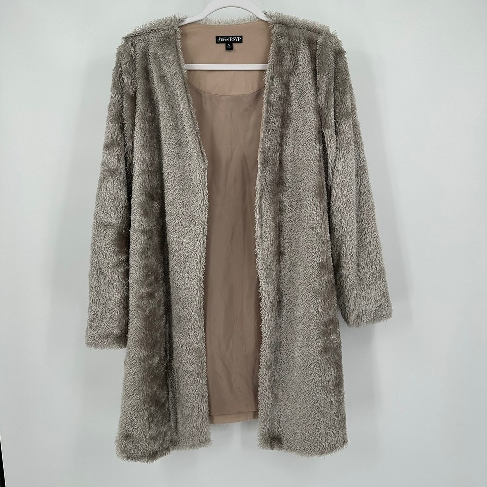 Womens Old Money Faux Fur Duster Coat Size S Neutral Shaggy Glam‎ Open Front
